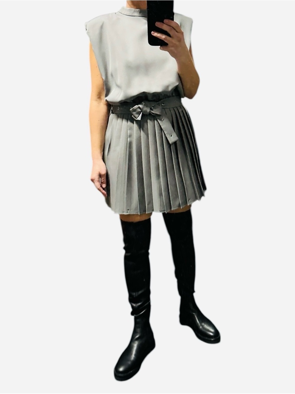 NWOT Mare Mare Anthropologie Gray Mini Sleeveless Pleat Dress w/Shoulder Pads
